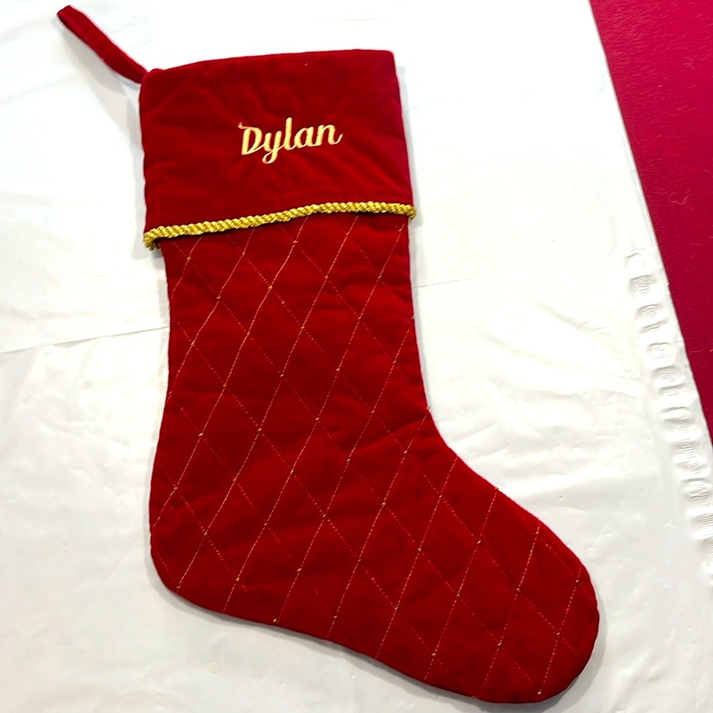 RED Velvet DYLAN STOCKING GOLD stitch embroidered Christmas COTTON lined thick